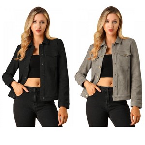 INSPIRE CHIC Women's Turn-Down Collar Flap Pockets Snap Button Faux Suede Jacket 2 Packs - 1 of 4
