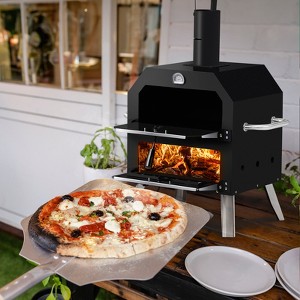 KTMBDW Outdoor Pizza Oven Wood Fired 2-Layer Pizza Ovens Outside Pizza Maker with Stone, Removable Cooking Rack for Camping Backyard BBQ, Black - 1 of 4