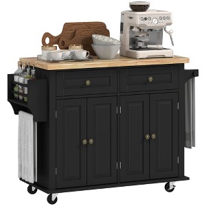 HOMCOM Kitchen Island on Wheels, Rolling Cart with Rubberwood Top, Spice Rack, Towel Rack and Drawers for Dining Room - 1 of 4