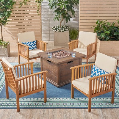 Carolina 5pc Acacia Club Chairs with Firepit - Brown/Cream - Christopher Knight Home