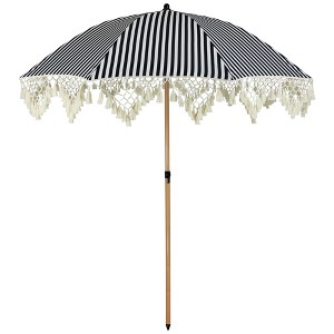 Northlight Striped Outdoor Macrame Boho Beach Market Umbrella with Tilt- 6.5' - Black and White - 1 of 4