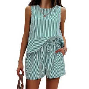 EXLURA Women's Summer 2 Piece Outfits Sleeveless Tank Top Matching Shorts Sets Cotton Striped Sweatsuits Vacation Beach 2025 - 1 of 4