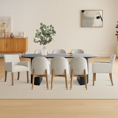 9-Piece Oval Dining Table Set, 79'' Black Pedestal Table with 6 Armless & 2 Armrest Upholstered Chairs, Modern Dining Room Set-Maison Boucle