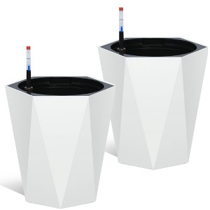 16" Tall Planters Set of 2, Self Watering Plant Pots with Water Level Monitor, Outdoor Planters with Wheels, Indoor Flower Pots, White - 1 of 4
