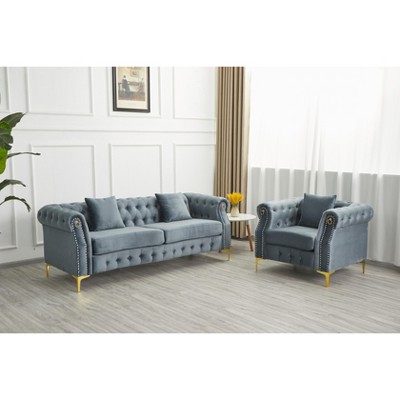 2 Piece Velvet Chesterfield Button-Tufted Sofa Sets for Living Room