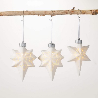 Illuminated Star Ornament White 5"H Ceramic Set of 3