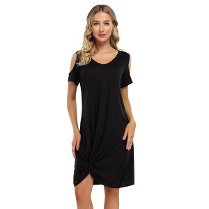 Women's Summer Cold Shoulder  Twist Knot Mini Tshirts Dresses - 1 of 4