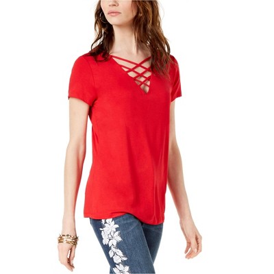 I.N.C International Concepts Womens Lattice-Neck Knit Blouse, Red, Small