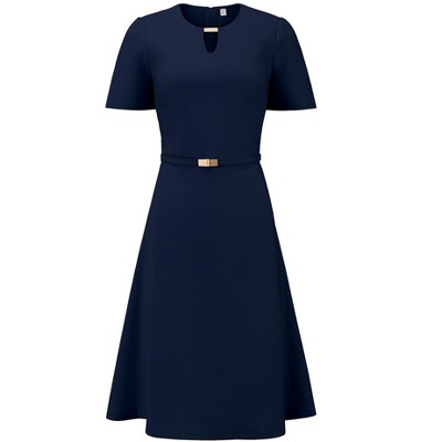 INSPIRE CHIC Women's Elegant A-Line Choker V Neck Belted Wear to Work Fit and Flare Dress