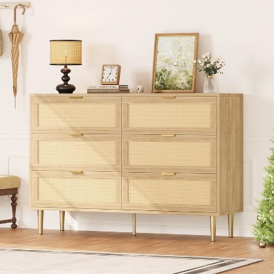 6 Drawers Dresser for Bedroom, Clothes Storage Cabinet, Wood Chest of Drawers with Gold Legs & Gold Handles, Boho&Farmhouse Wide Double