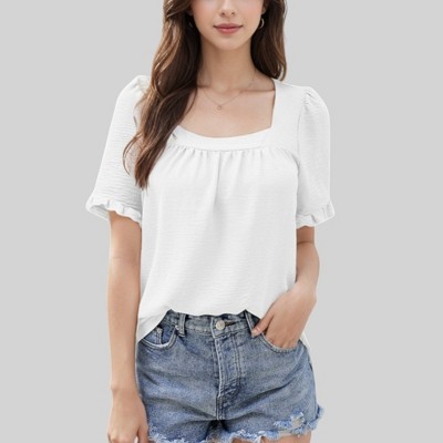 Anna-Kaci Women's Square Neck Top with Puff Short Sleeves and Ruffled Cuffs