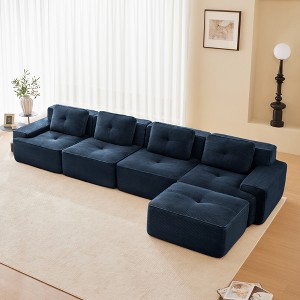 153" Corduroy L-Shaped Modular Sectional Sofa with Movable Ottoman, Pearl-Like Piping, and Tufted Design - 1 of 4