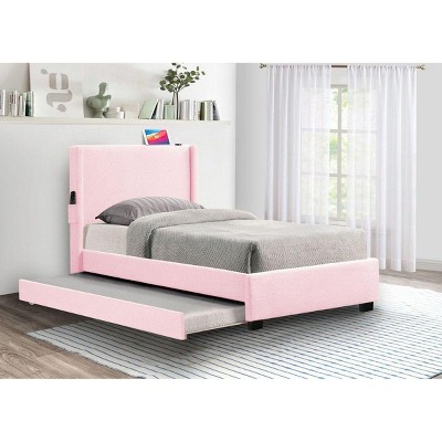 Streamdale Twin-Size Upholstered Bed Frame with Trundle, Teddy Fabric, USB/Headboard Storage, Pink