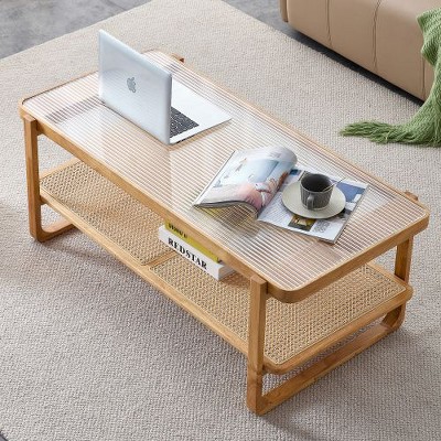 CENGHU Modern Simple Rectangle Double-Layer Coffee Table, Solid Wood Glass Desktop Tea Table Rattan Woven, Side Table for Living Room, Natural