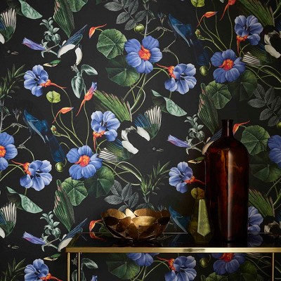 Midnight Garden Black Floral Tropical Wallpaper