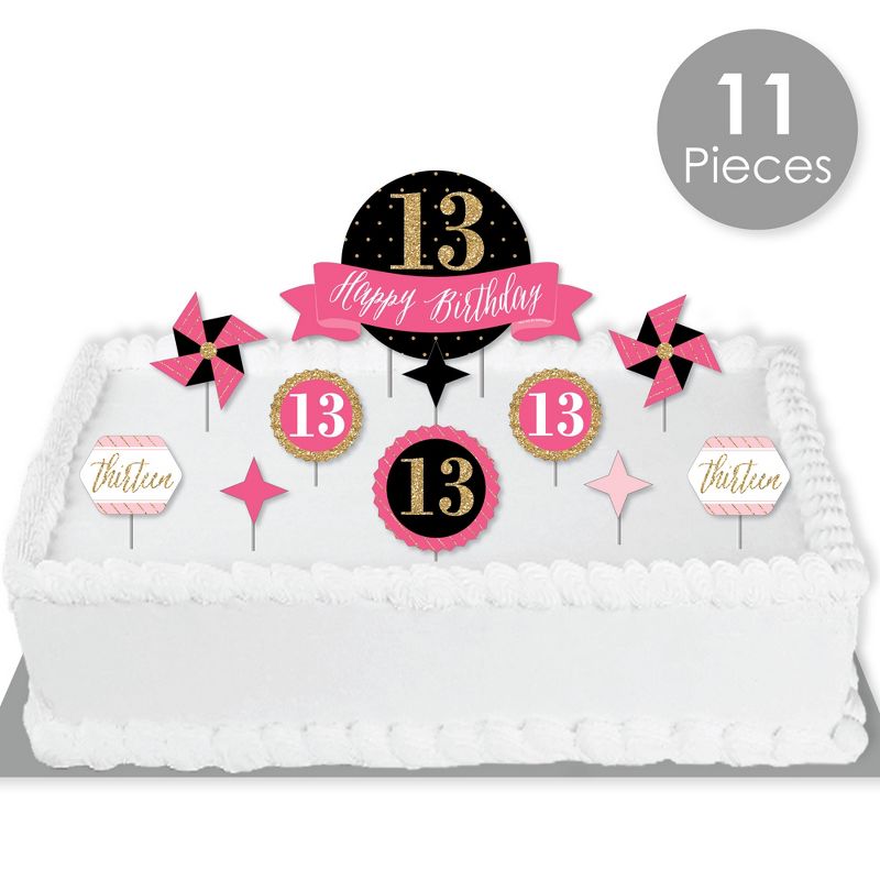 Big Dot of Happiness Chic 13th Birthday - Pink, Black and Gold - Birthday Party Cake Decorating Kit - Happy Birthday Cake Topper Set - 11 Pieces, 2 of 7