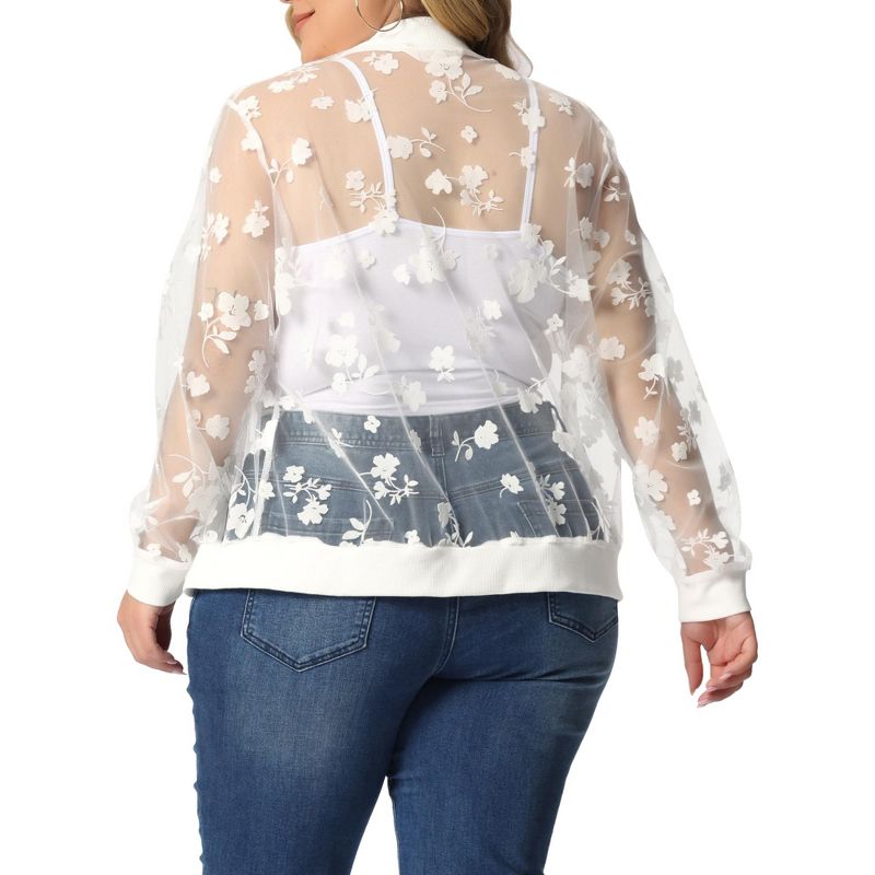 Agnes Orinda Women's Plus Size Bomber Mesh Sheer Floral Lace Long Sleeve Fashion Jackets, 4 of 6