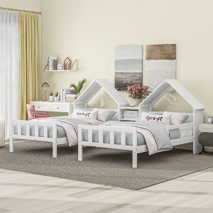 Double Twin Size Platform Bed with House-shaped Headboard and a Built-in Nightstand - 1 of 4