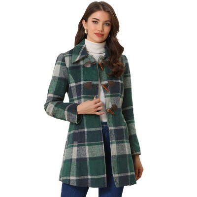 Allegra K Women's Toggle Outerwear Classic Turn Down Collar Plaid Duffle Front Pea Coat