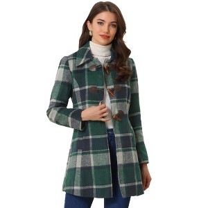Allegra K Women's Toggle Outerwear Classic Turn Down Collar Plaid Duffle Front Pea Coat - 1 of 4