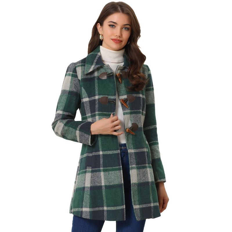 Allegra K Women's Toggle Outerwear Classic Turn Down Collar Plaid Duffle Front Pea Coat, 1 of 6