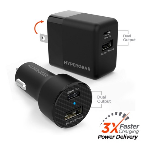 HyperGear USB-C Power Delivery Bundle | 20W USB-C PD + 12W USB Fast Wall  Charger and Fast Car Charger | Black