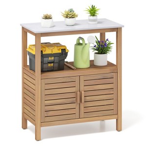 Tangkula Outdoor Potting Bench w/ Resin Tabletop Storage Shelf & Cabinet Louvered Doors - 1 of 4