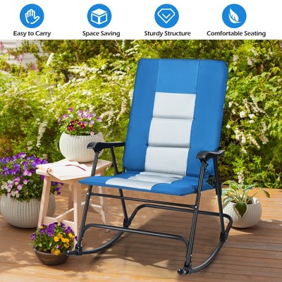 Blue and Gray Foldable Steel Rocking Chair with Armrests