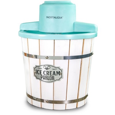 Nostalgia 4-Quart Parlor Wood Bucket Electric Ice Cream Maker - White & Aqua