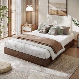 EcoSummer Modern Minimalist Sturdy Wood Queen Platform Bed Frame, Floor-Standing, Sturdy Wooden Slats, No Headboard, No Box Spring Needed, Walnut - 1 of 4
