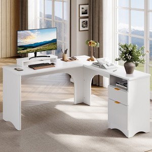 Bestier 55inch L Shaped Desk with Drawers,  Office Computer Desk with Round Corners, Monitor Stand & Fluted Panels, White & Walnut - 1 of 4
