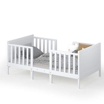 Tangkula 2-in-1 Convertible Kids Furniture Bed Toddler Crib with 2 Side Safety Guardrails White/Brown
