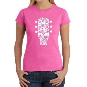 LA Pop Art Women's Word Art T-Shirt - Guitar Head Music Genres - 1 of 4