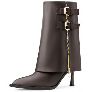 BLISSFUL STEP Women's Pointed Toe Mid Calf Fold Over Buckle Stiletto Heel Boots - 1 of 4