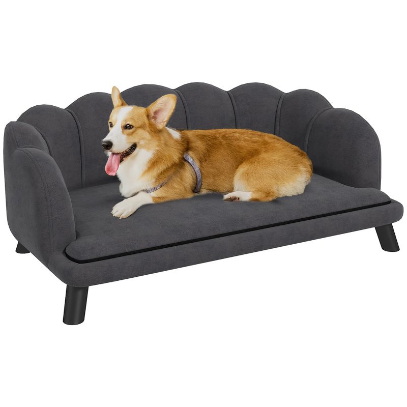 PawHut Pearl Design Pet Sofa for Medium and Large Sized Dogs, Pet Bed with Cushion and Solid Wood Legs, Charcoal Gray, 1 of 7
