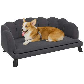 PawHut Pearl Design Pet Sofa for Medium and Large Sized Dogs, Pet Bed with Cushion and Solid Wood Legs, Charcoal Gray