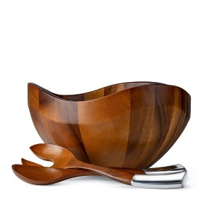 Nambé Billow Salad Bowl with Servers – 12" x 6.5" Acacia Wood & Alloy Entertaining Set – Organic Modern Salad Bowl - 1 of 4
