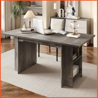 Homhougo 63 Inch Farmhouse Dining Table with 4 Storage Shelves, Seats 4-6 Gray