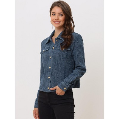 INSPIRE CHIC Women's Turndown Collar Button-Up Long Sleeves Texture Casual Jacket Small Dark Blue — фото 2