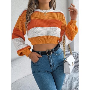 Women's Striped Cropped Sweater with Long Puff Sleeves, Crew Neck Ribbed Knit Pullover for Casual Daily Wear - 1 of 4