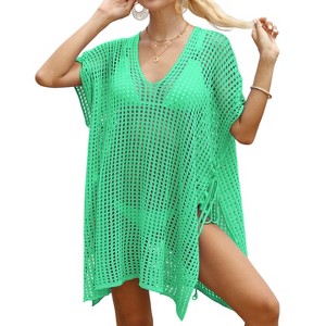 Clearlove Women's Plus Size Crochet Bikini Coverup Summer Short Sleeve V Neck Bikini Beach Dress - 1 of 4