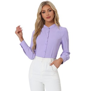 INSPIRE CHIC Women's Mandarin Collar Office Long Sleeve Button Down Shirt - 1 of 4