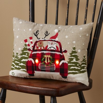 Lakeside LED Lighted Holiday Home Accent Pillow with Embroidered Plaid Car