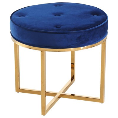 Velvet Upholstered Round Accent Stool in Navy Blue/Gold Base - Best Master Furniture