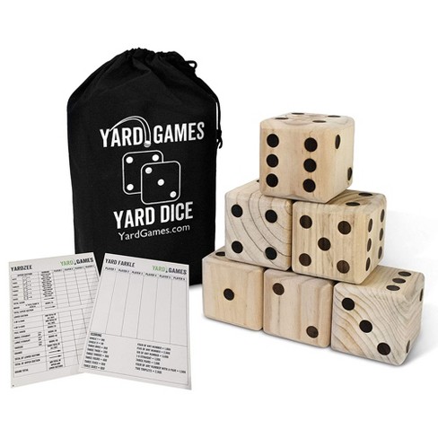 Includes 6 Dice with Durable Carrying Case Yard Games Large 2.5 Wooden Yard Dice with Laminated Yardzee and Yard Farkle 