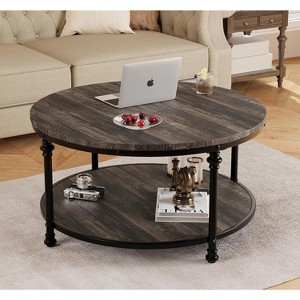 Homhougo Round Coffee Table Living Room Wood Center Table with Storage Shelf Rustic Circle Coffee Table with Sturdy Metal Legs Easy Assembly - 1 of 4