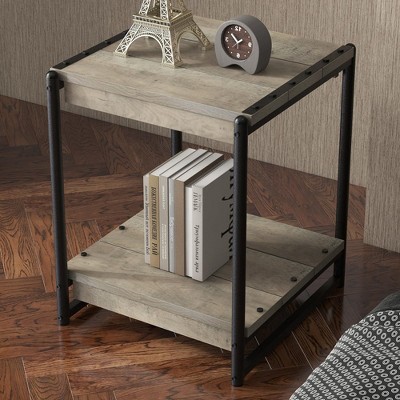 19.6" Square Farmhouse Wood Storage End Table with 2 Tier Shelf