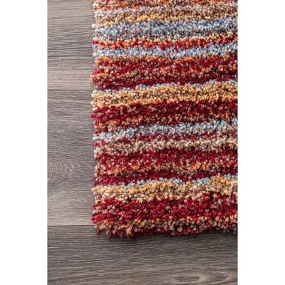 Handmade Red Multi Striped Shag Synthetic Area Rug 4' x 6'