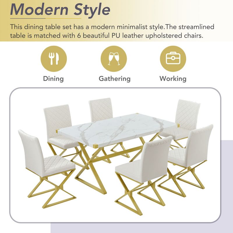 7 PCS Modern Dining Table Set, Marble Texture Kitchen Table and 6 PU leather Chairs with X-Shaped Gold Steel Pipe Legs, White+Gold-ModernLuxe, 5 of 13