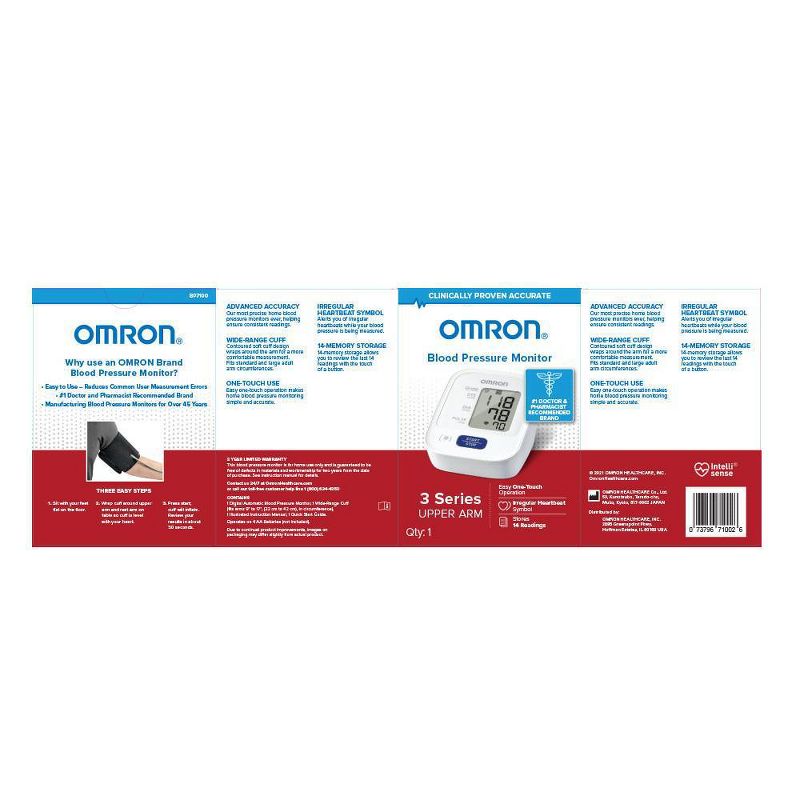Omron 3 Series Upper Arm Blood Pressure Monitor with Cuff - Fits Standard and Large Arms, 6 of 7
